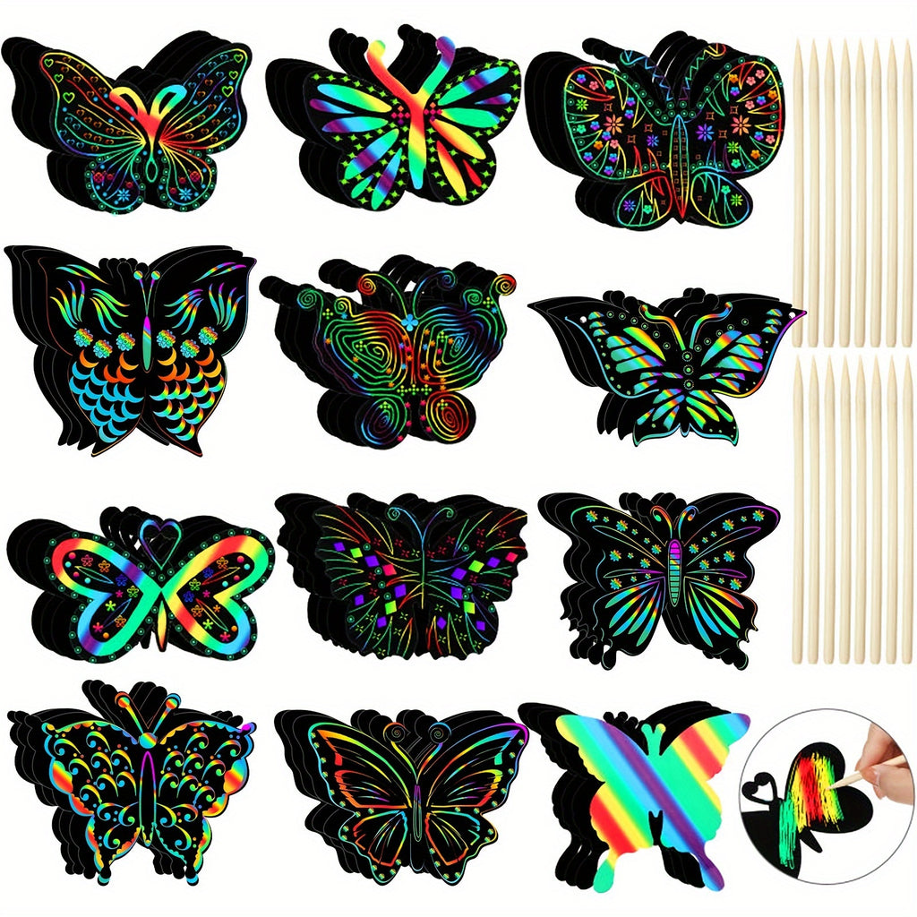 Rainbow Butterfly Scratch Art Set | DIY Color-Reveal Kit (Bamboo Stylus)
