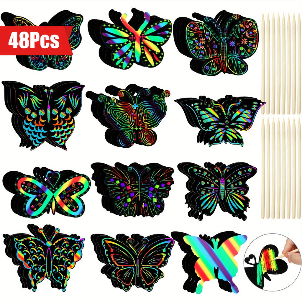 Rainbow Butterfly Scratch Art Set | DIY Color-Reveal Kit (Bamboo Stylus)