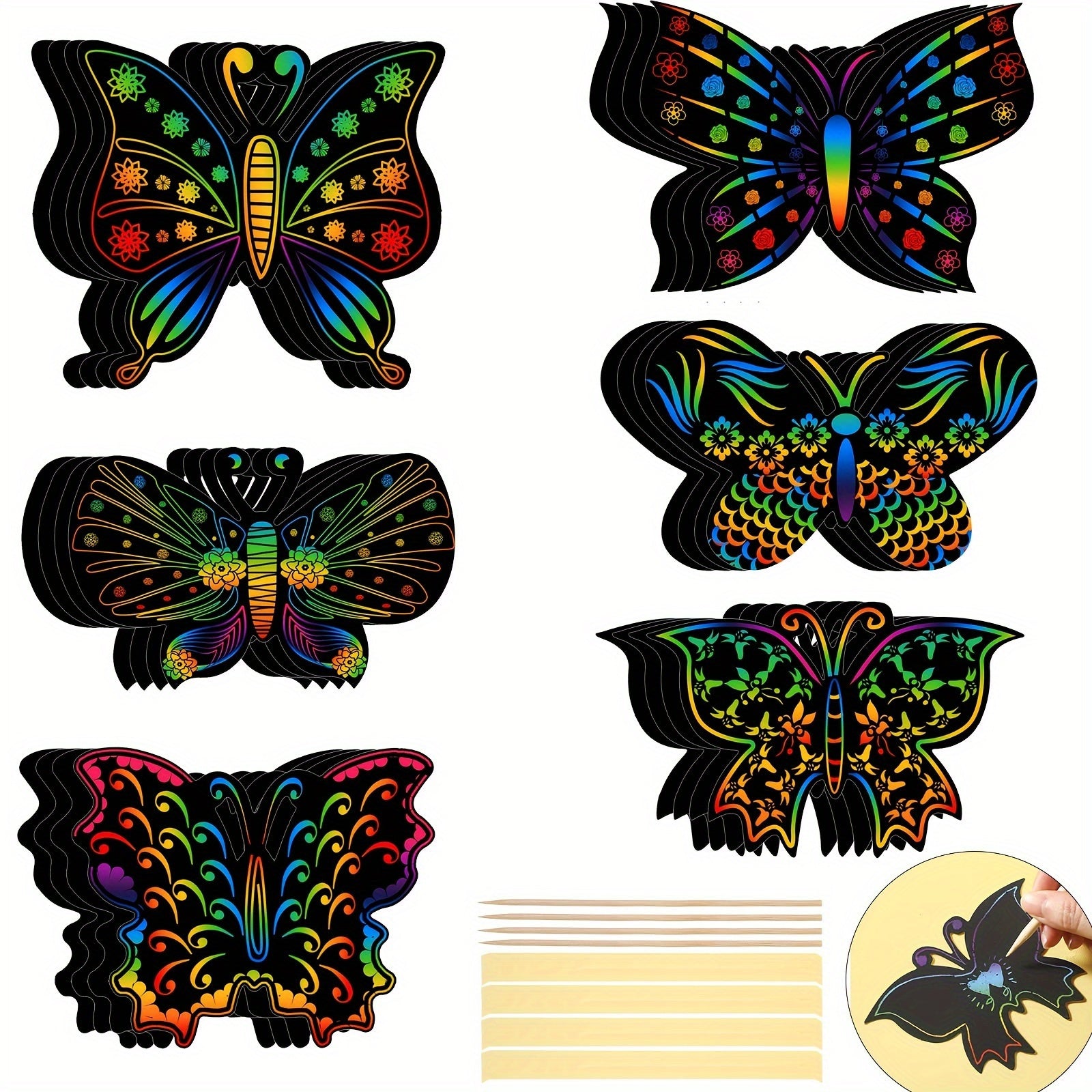 Rainbow Butterfly Scratch Art Set | DIY Color-Reveal Kit (Bamboo Stylus)