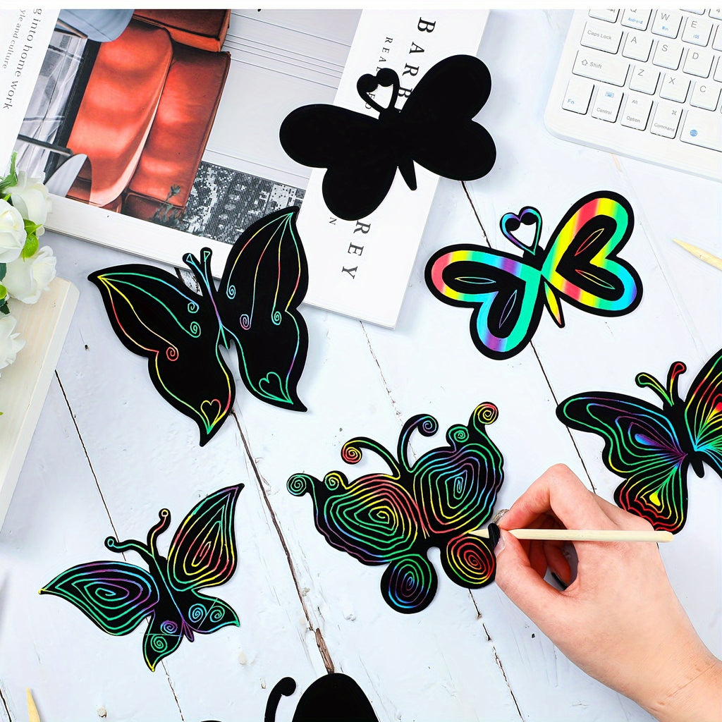 Rainbow Butterfly Scratch Art Set | DIY Color-Reveal Kit (Bamboo Stylus)