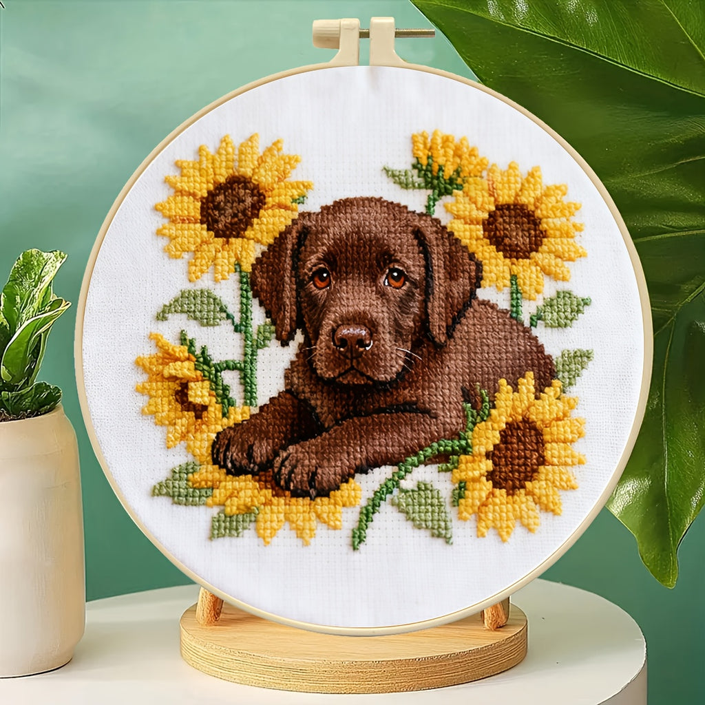 Puppy & Flower Cross-Stitch Kit | Beginner Embroidery Decor
