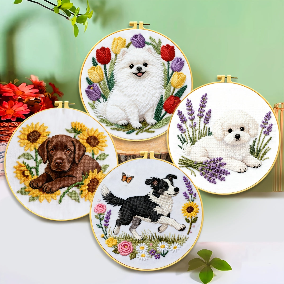 Puppy & Flower Cross-Stitch Kit | Beginner Embroidery Decor