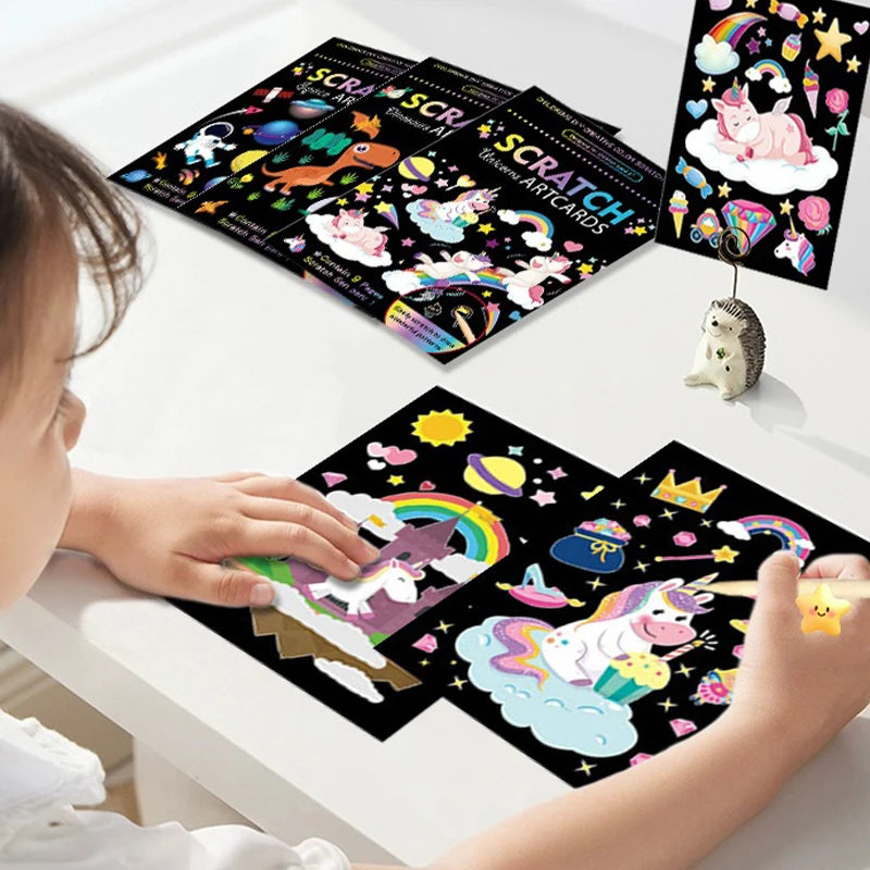 9 Sheets/Set Scratch Artcards Magic Rainbow Painting Papers Space Animal