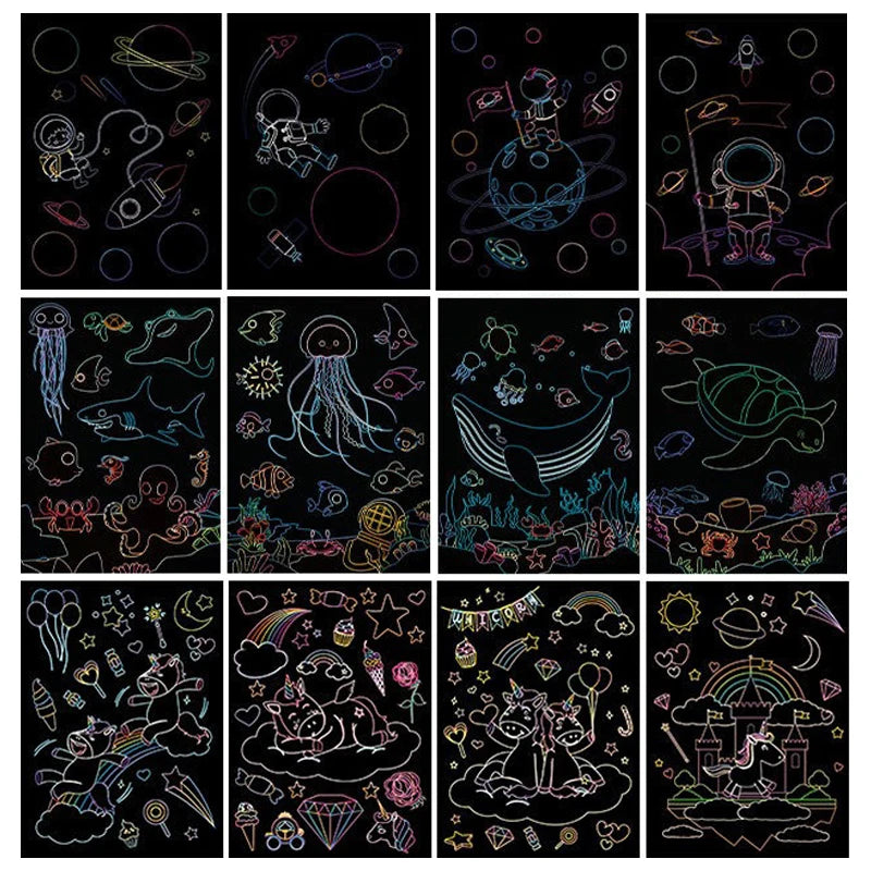 9 Sheets/Set Scratch Artcards Magic Rainbow Painting Papers Space Animal