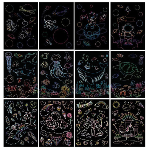 9 Sheets/Set Scratch Artcards Magic Rainbow Painting Papers Space Animal