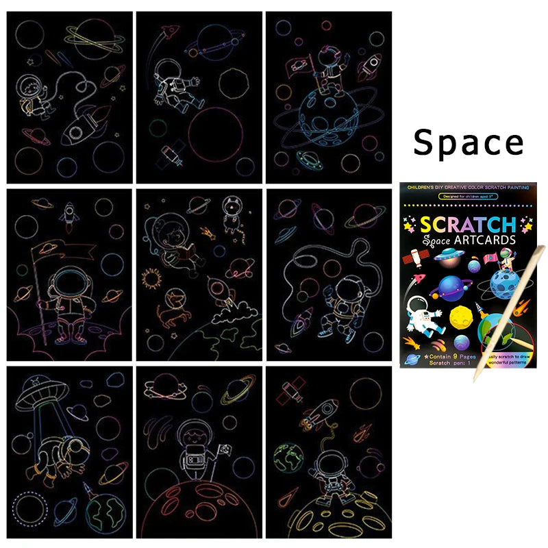 9 Sheets/Set Scratch Artcards Magic Rainbow Painting Papers Space Animal