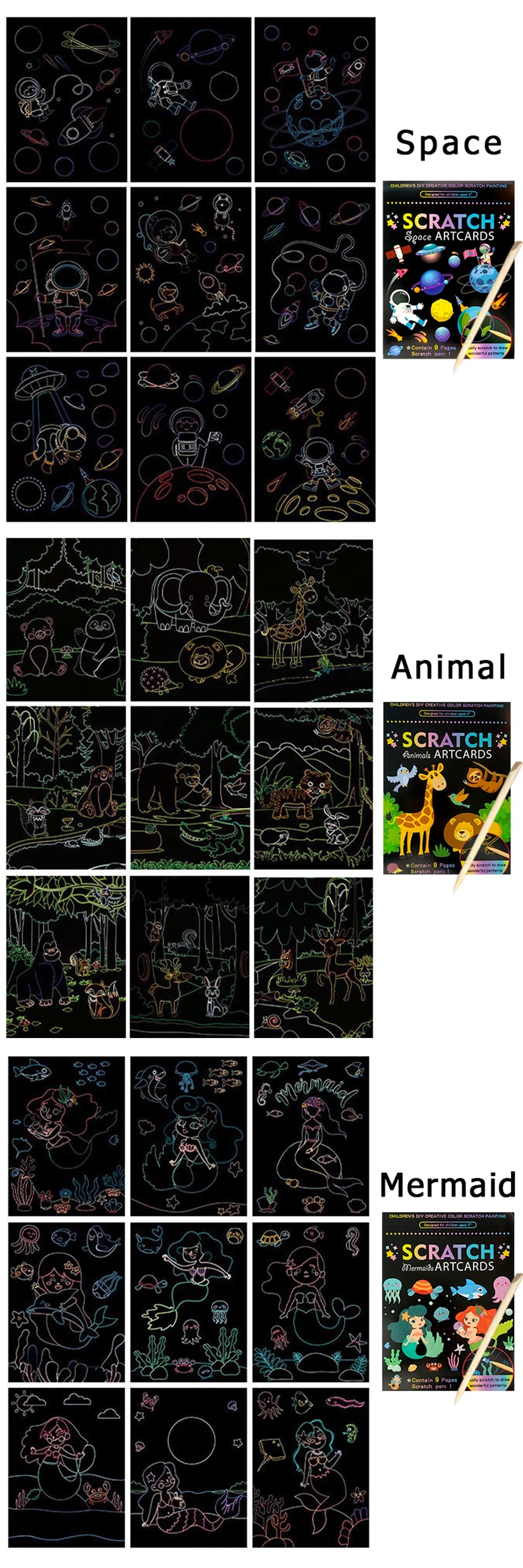 Rainbow Scratch Art Cards Set for Kids (9 Sheets)