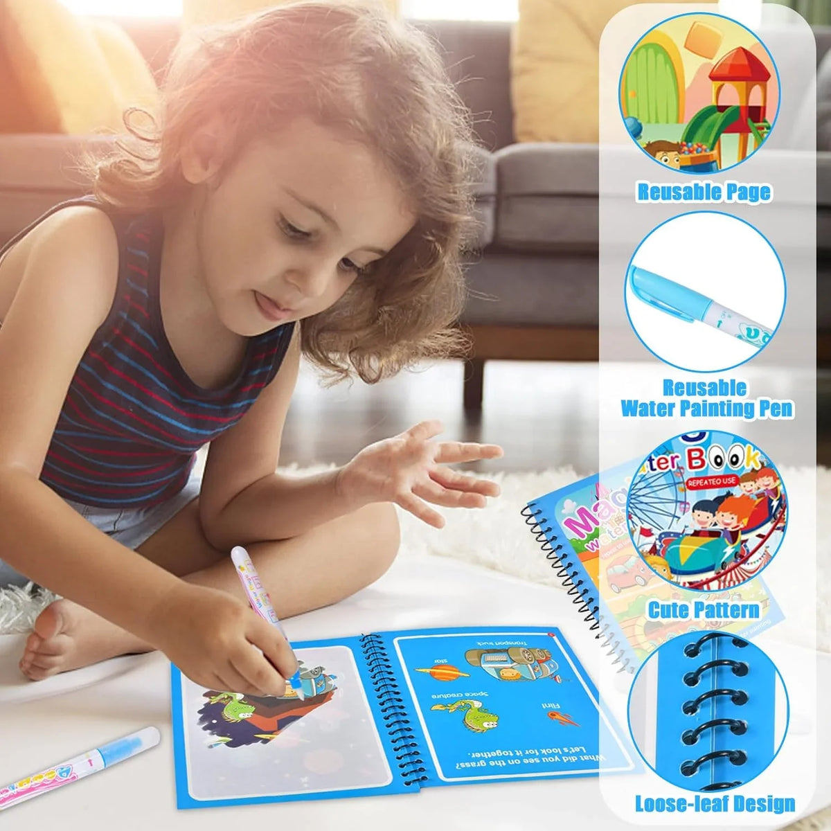 Premium Water Reveal Drawing Book for Kids - Sensory Coloring, Ocean & Dino