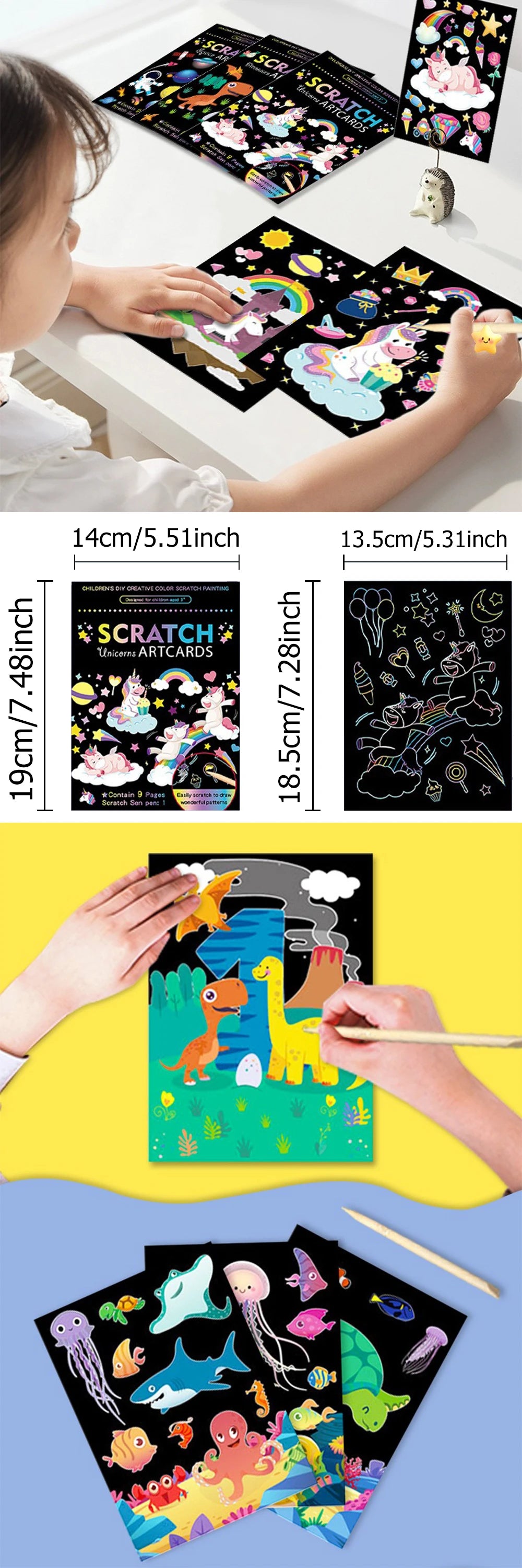 9 Sheets/Set Scratch Artcards Magic Rainbow Painting Papers Space Animal