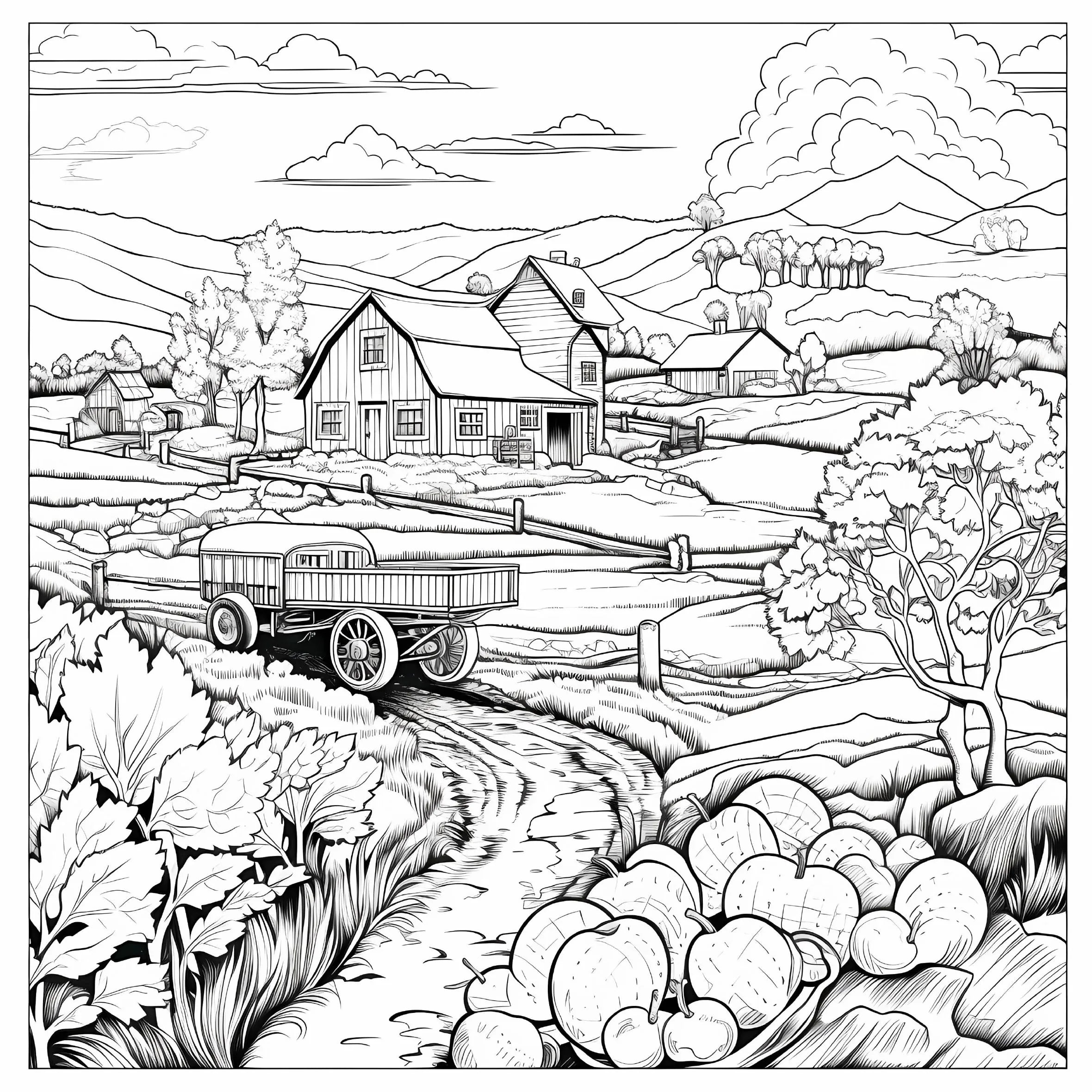 Premium Quiet Countryside Coloring Book - 20 Landscape Pages for Adults