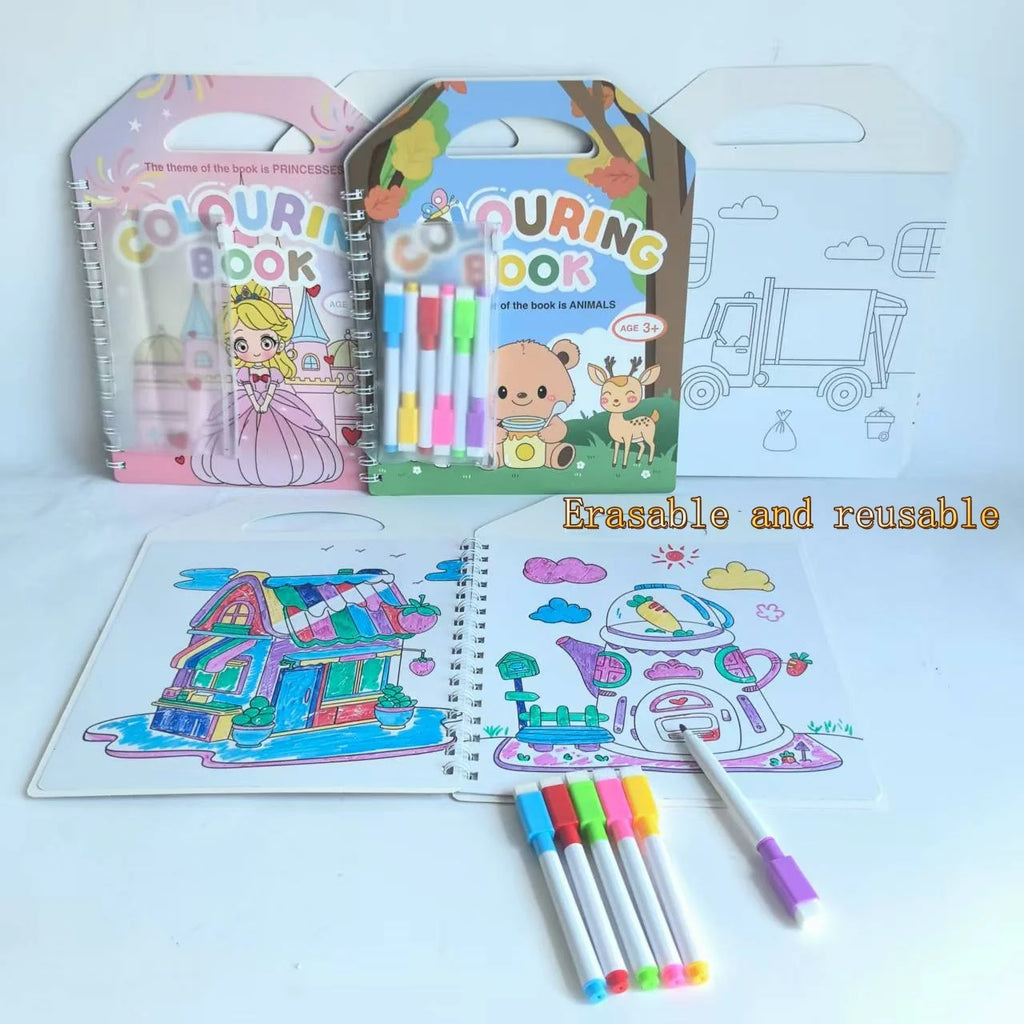 Premium Erasable Cartoon Coloring Book with 6 Pens (Kids)