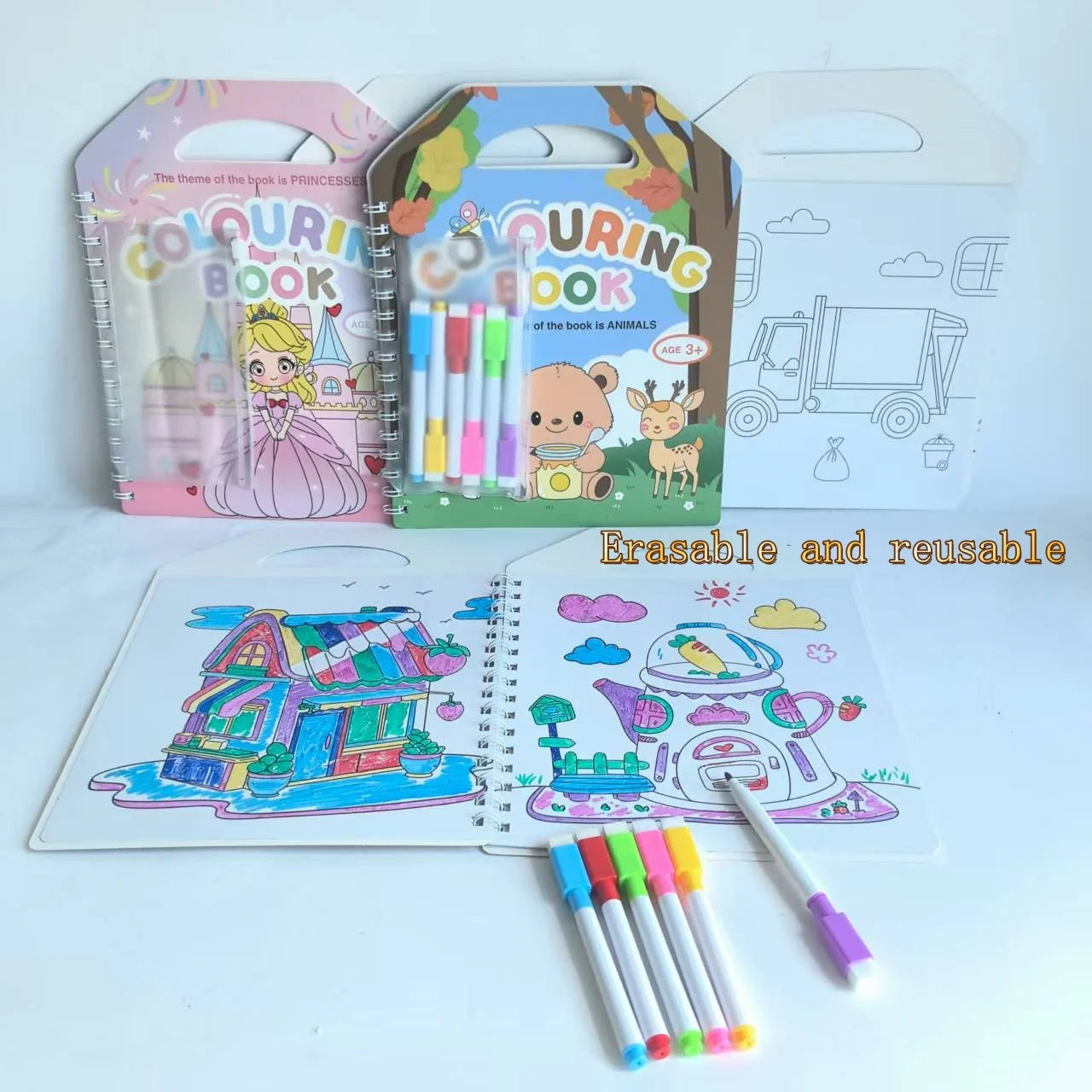 Premium Erasable Cartoon Coloring Book with 6 Pens (Kids)