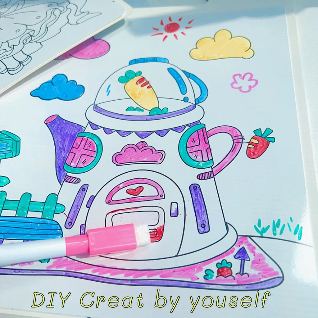 Premium Erasable Cartoon Coloring Book with 6 Pens (Kids)