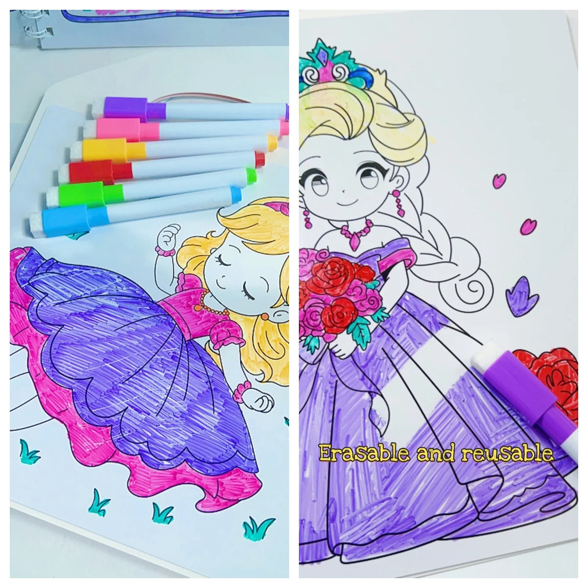 Premium Erasable Cartoon Coloring Book with 6 Pens (Kids)
