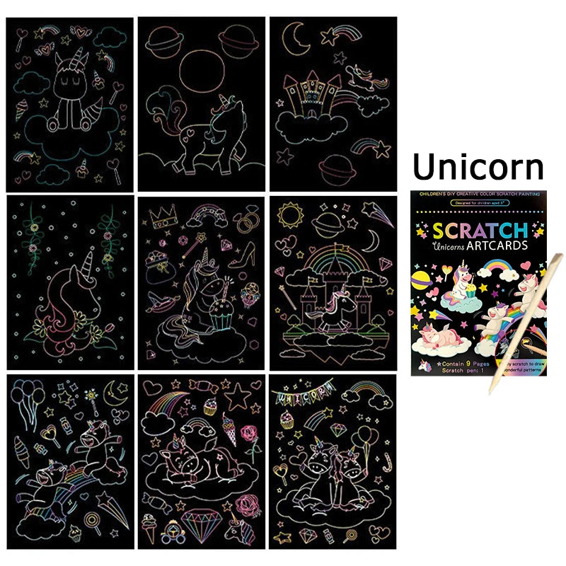 9 Sheets/Set Scratch Artcards Magic Rainbow Painting Papers Space Animal