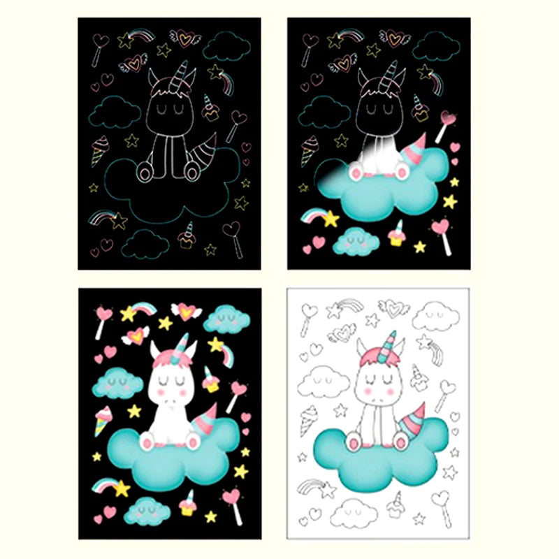 9 Sheets/Set Scratch Artcards Magic Rainbow Painting Papers Space Animal