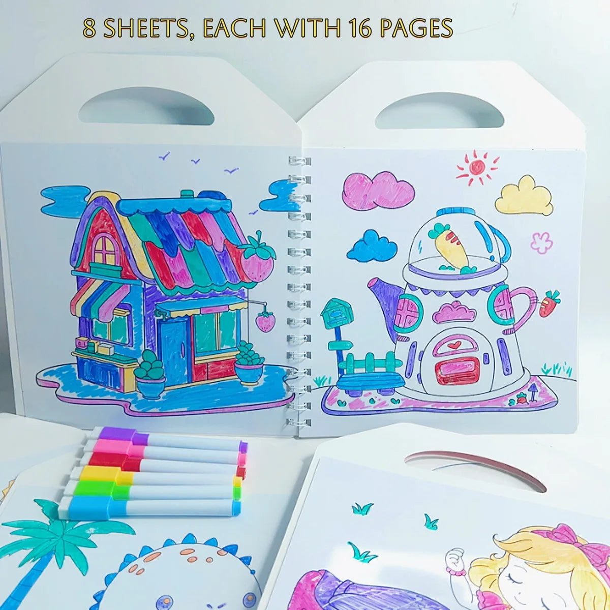 Premium Erasable Cartoon Coloring Book with 6 Pens (Kids)