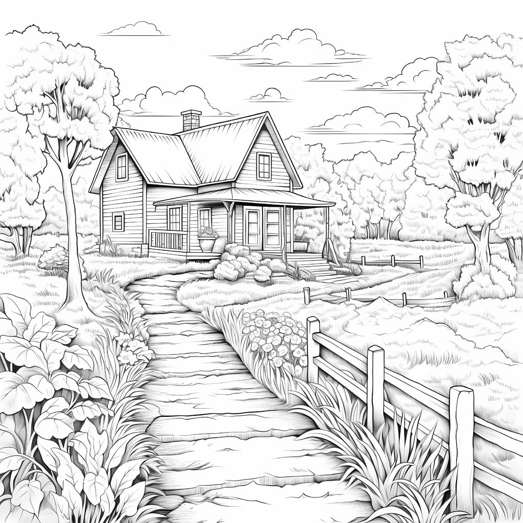 Premium Quiet Countryside Coloring Book - 20 Landscape Pages for Adults