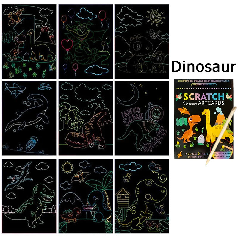 9 Sheets/Set Scratch Artcards Magic Rainbow Painting Papers Space Animal
