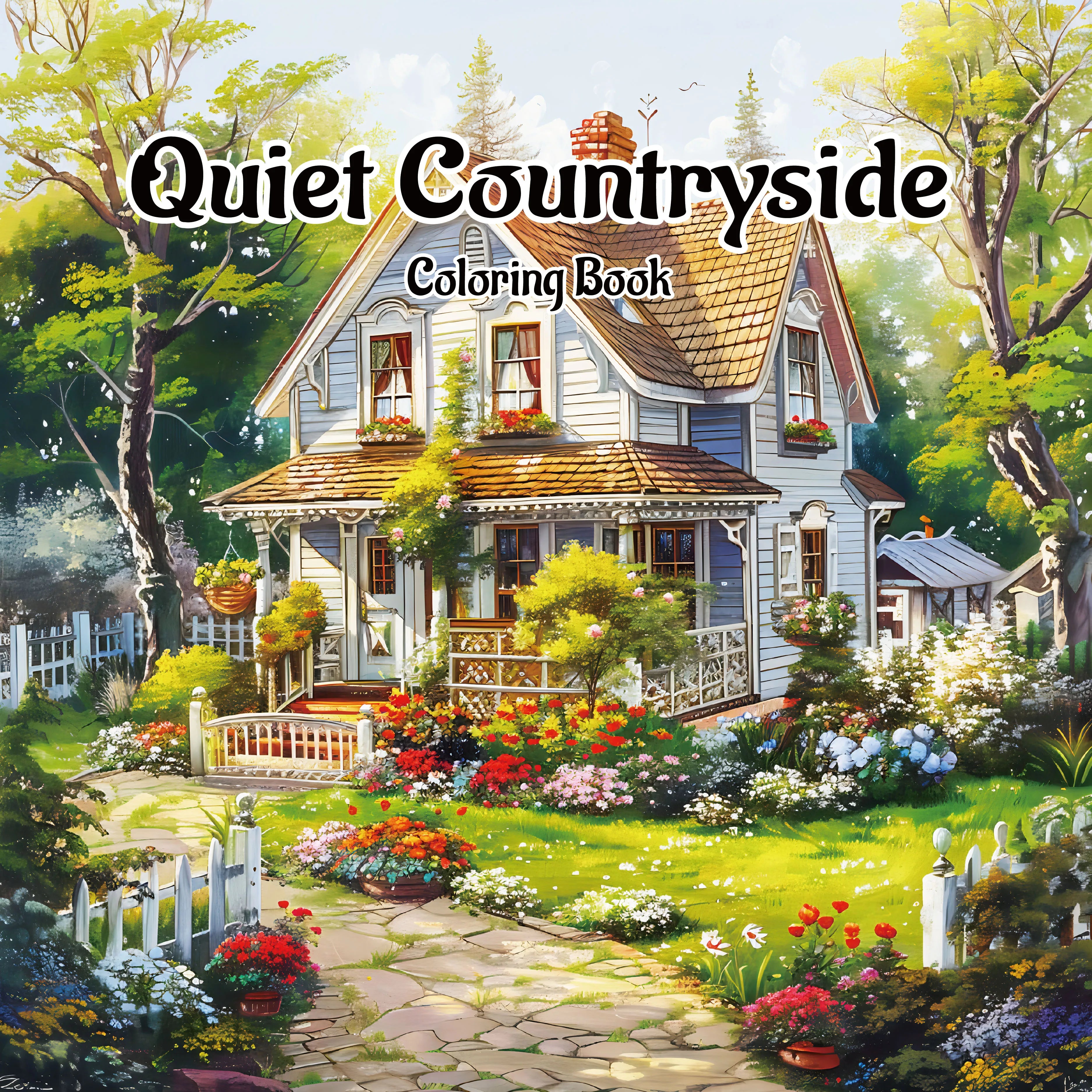 Premium Quiet Countryside Coloring Book - 20 Landscape Pages for Adults