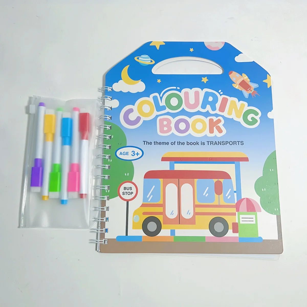 Premium Erasable Cartoon Coloring Book with 6 Pens (Kids)