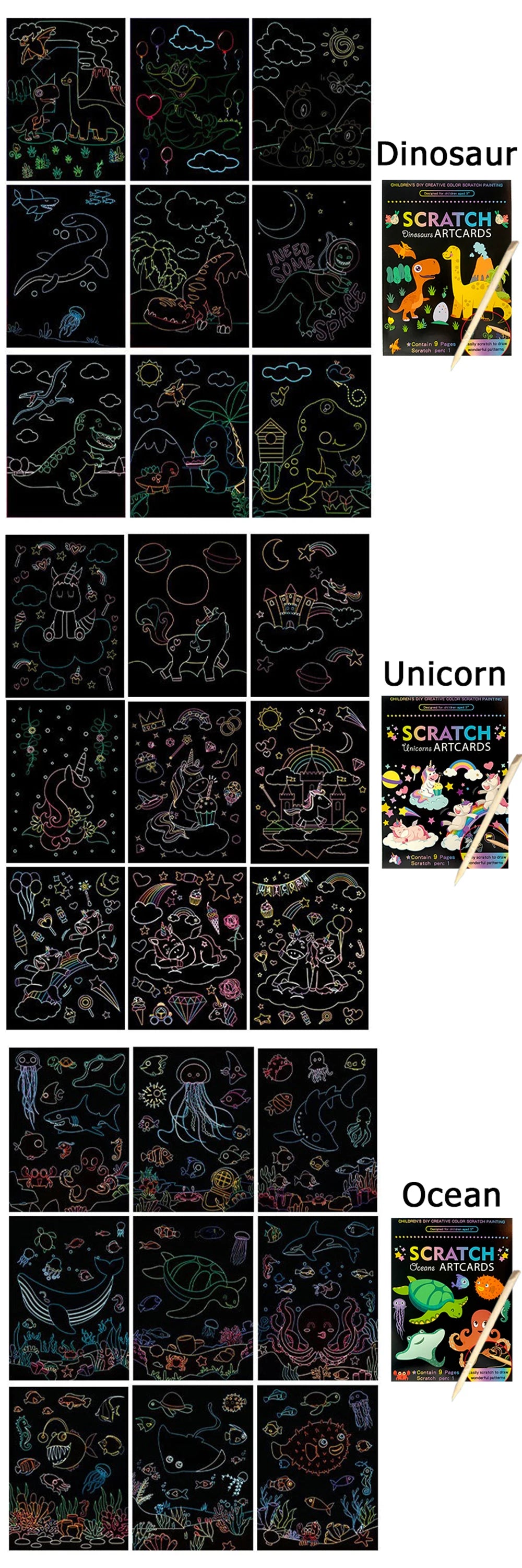Rainbow Scratch Art Cards Set for Kids (9 Sheets)