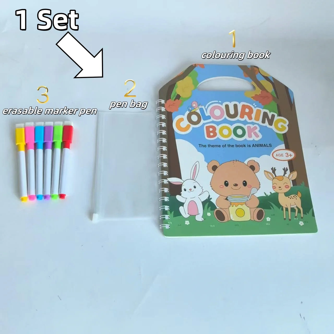 Premium Erasable Cartoon Coloring Book with 6 Pens (Kids)