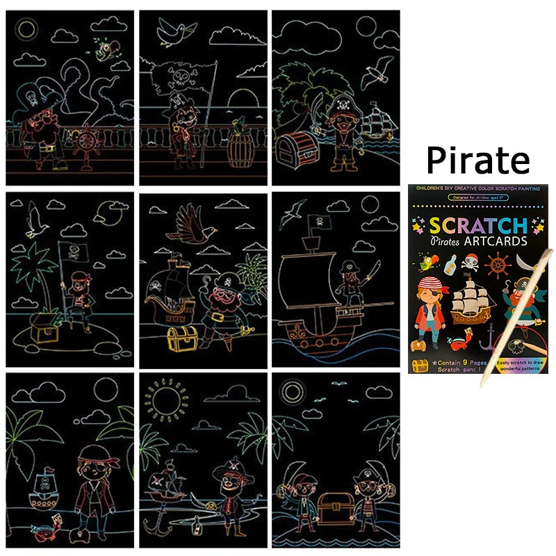 9 Sheets/Set Scratch Artcards Magic Rainbow Painting Papers Space Animal