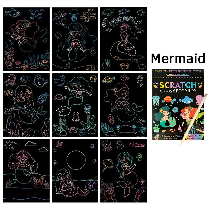 9 Sheets/Set Scratch Artcards Magic Rainbow Painting Papers Space Animal