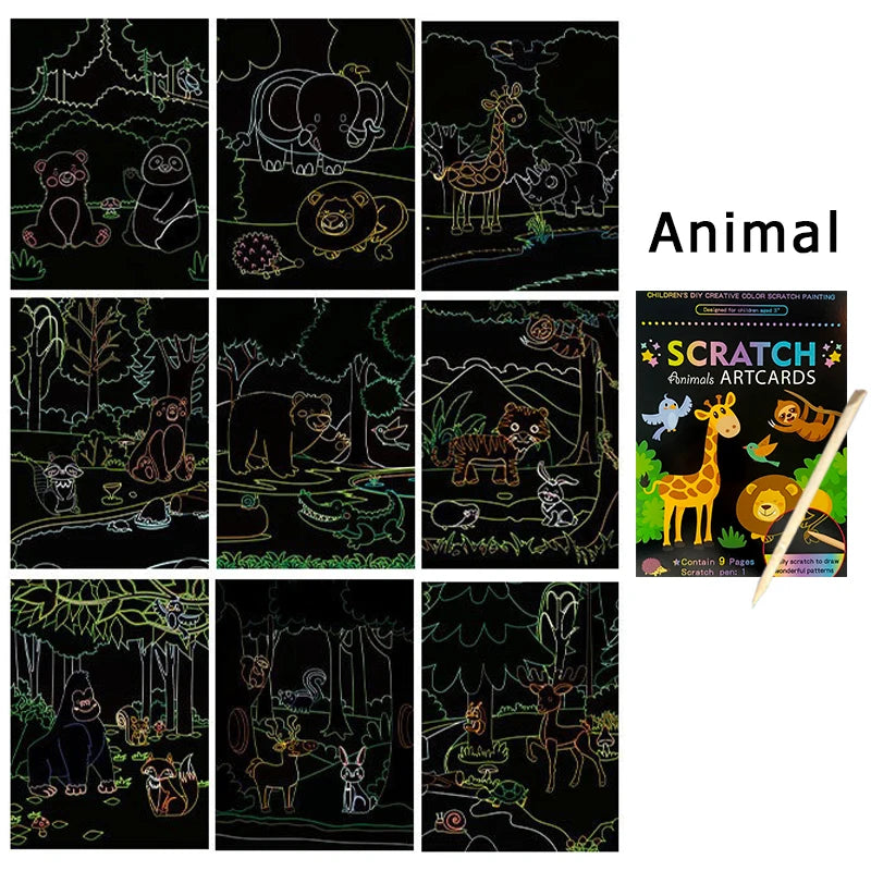 9 Sheets/Set Scratch Artcards Magic Rainbow Painting Papers Space Animal