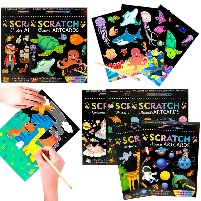 9 Sheets/Set Scratch Artcards Magic Rainbow Painting Papers Space Animal