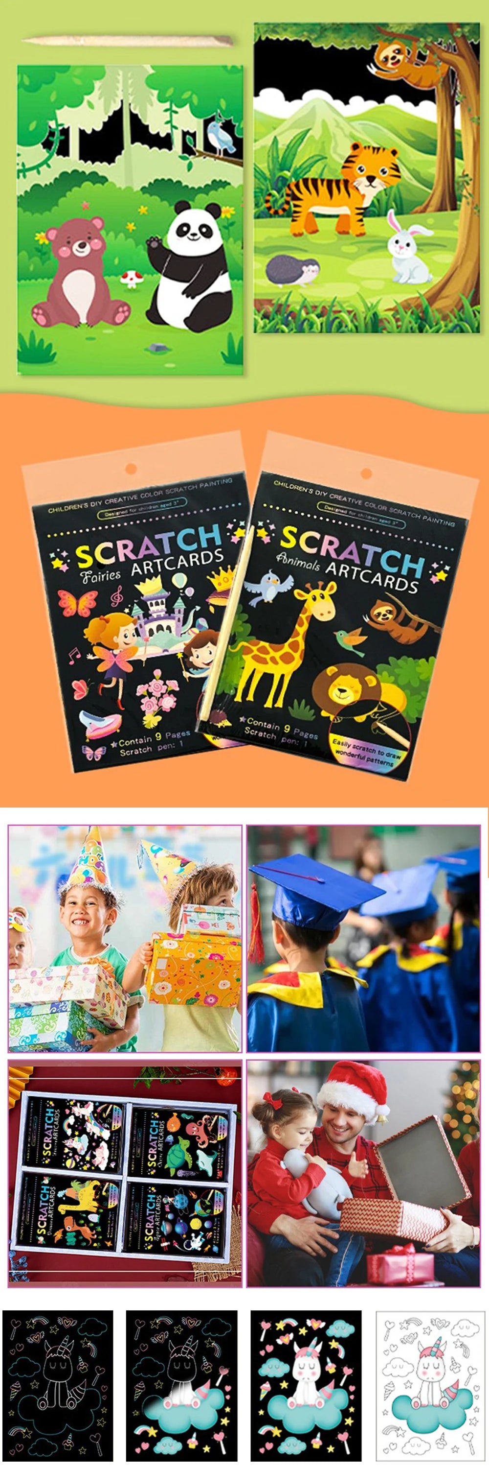 Rainbow Scratch Art Cards Set for Kids (9 Sheets)
